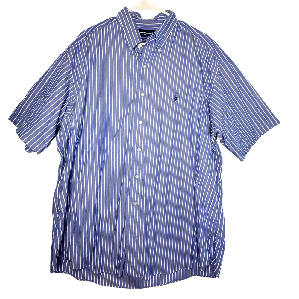 Ralph Lauren Golf Blake Men XL Blue White Stripe Short Sleeve Button Down Shirt